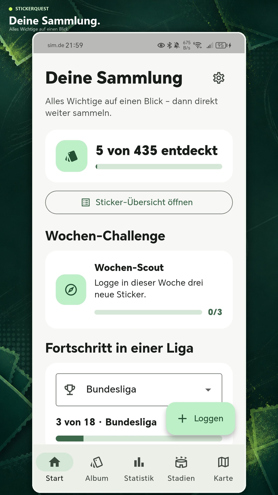 Stickerquest Startseite mit Sammlung und Wochen-Challenge