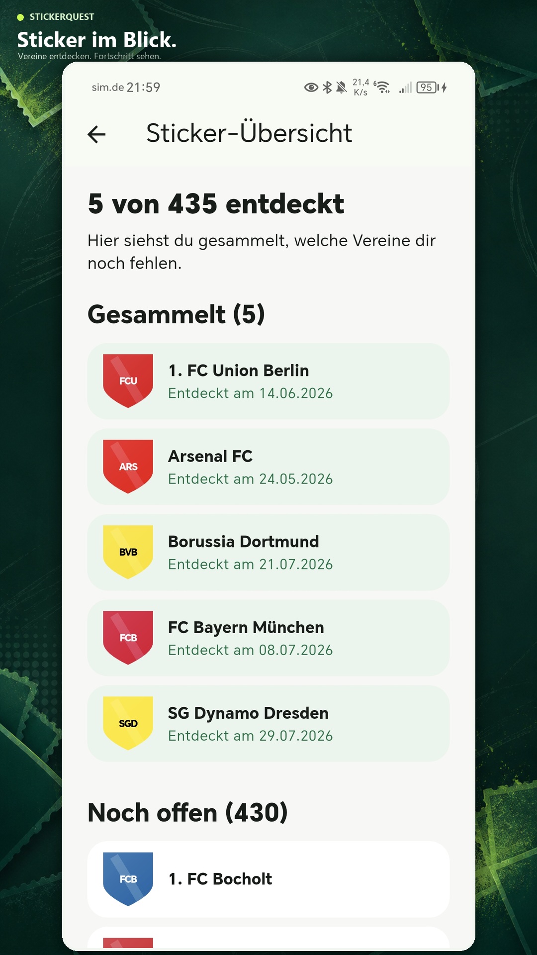 Stickerquest Vereinsübersicht